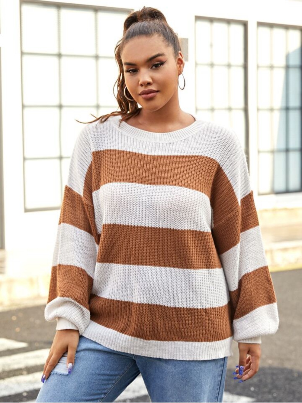 White & Brown Striped Knit Sweater - so soft
